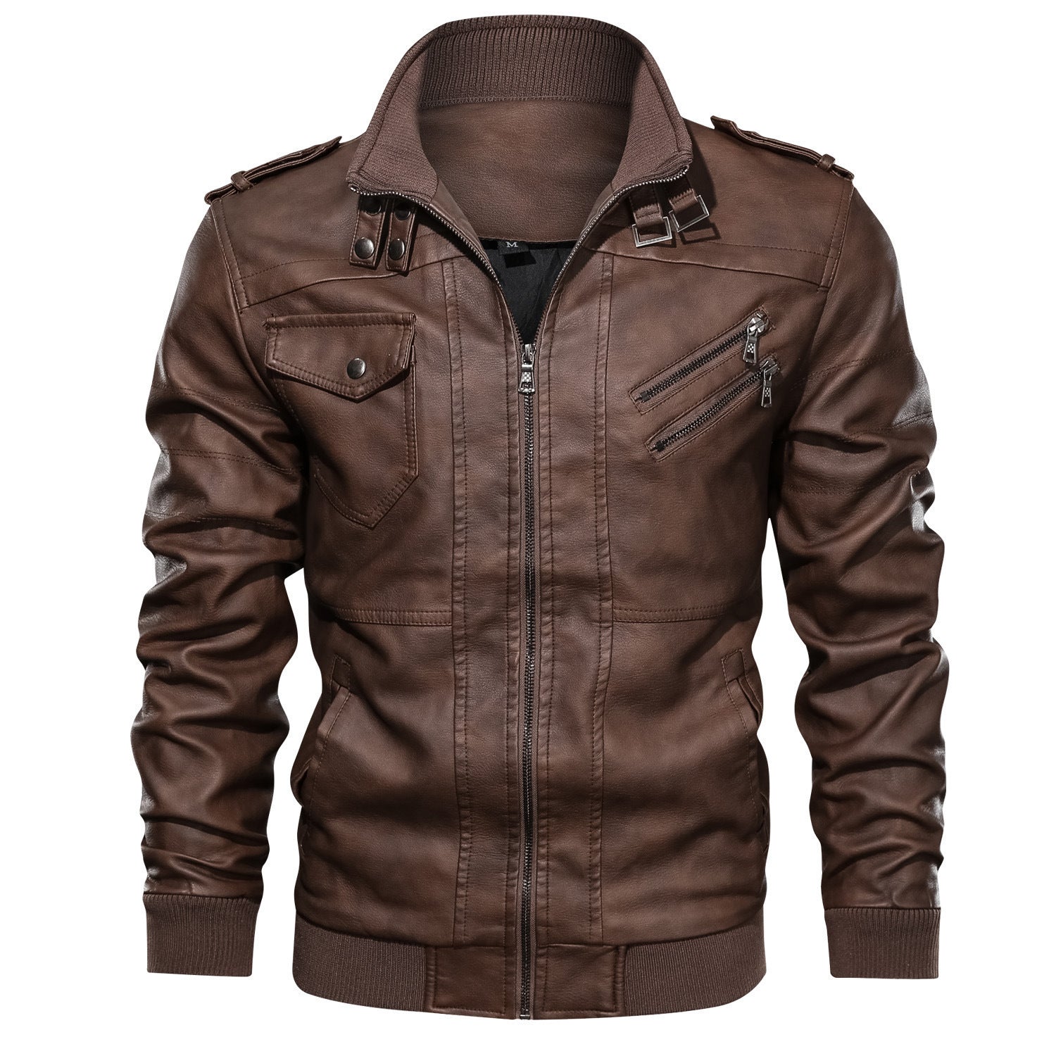 Men's Leather Bomber Jacket in Aviator Style with Stand Collar and Ribbed Cuffs Chichicherry