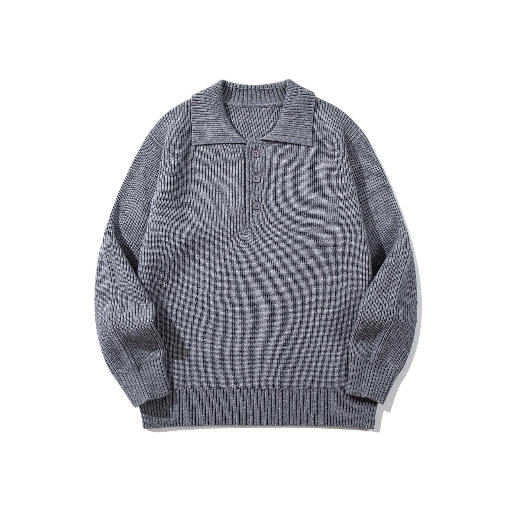 Men's Ribbed Polo Collar Sweater with Triple Button Placket and Relaxed Fit Chichicherry