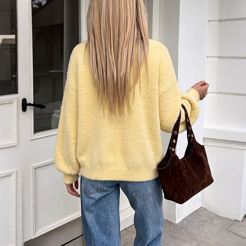 Women's Cozy Oversize Cardigan made of Teddy Fleece with V-Neck, patch pockets & ribbed cuffs