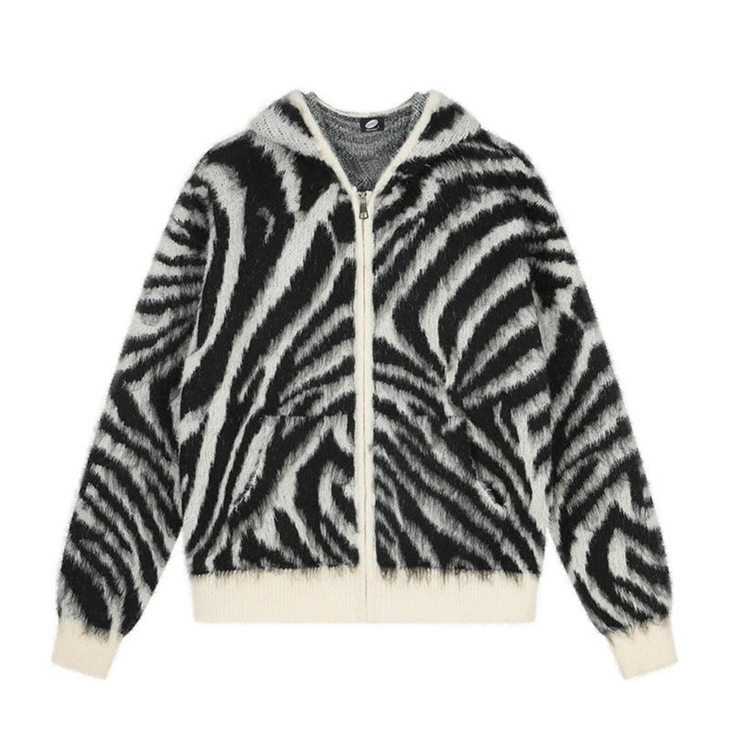 Women's Fluffy Zip Hoodie Cardigan with Zebra Jacquard and Kangaroo Pocket Chichicherry