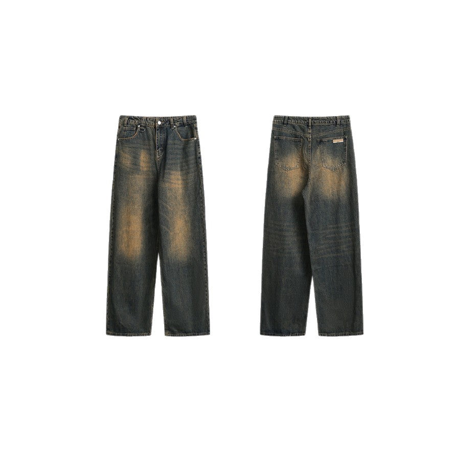 Women's Wide High-Waist Relaxed Jeans with Vintage Fading and Straight Leg Chichicherry