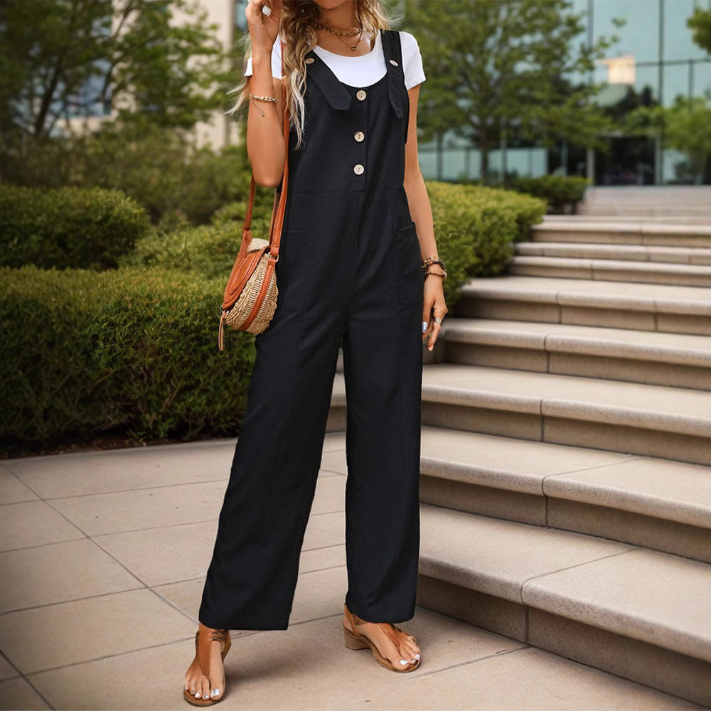 Ladies Soft-Falling Strap Jumpsuit with Wide Leg and Wooden Button Closure Chichicherry