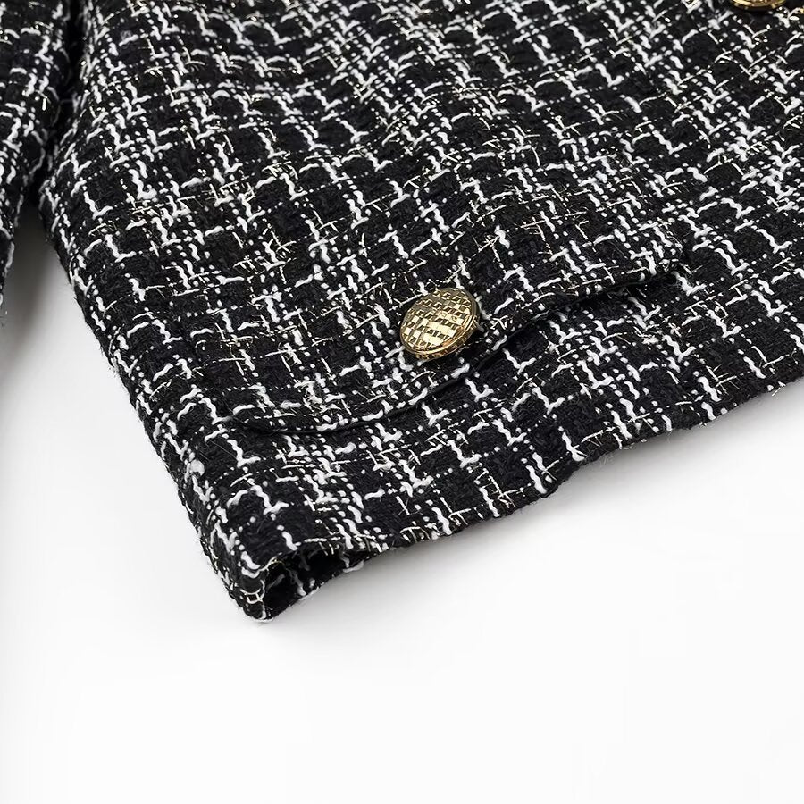Women Short Boucle Tweed Jacket with Round Neck, Decorative Decorative Buttons and Patch Pockets Chichicherry