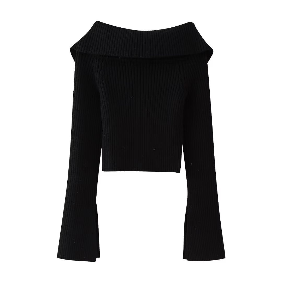 Women’s Short Cut Ribbed Knit Jacket with Wide Off-Shoulder Collar and Full-Length Zipper Chichicherry