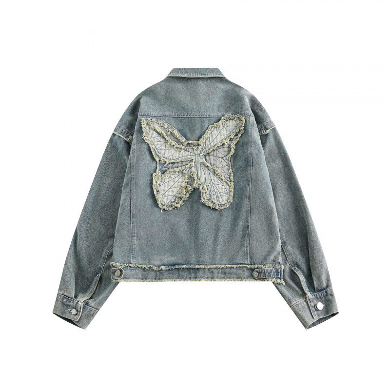 Unisex Boxy-Denim Jacket with frayed hem edges, flap pockets and vintage wash Chichicherry
