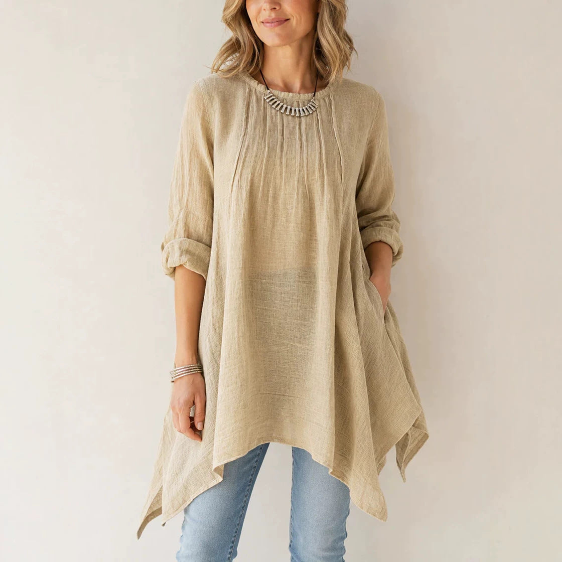 Women's Casual Tunic Blouse with Asymmetrical Hem, Fine Waffle Structure and Box Pleats