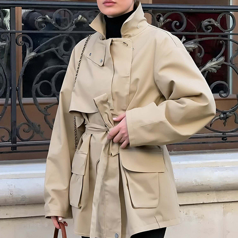 Women's Tailored Transition Jacket with Stand Collar, Shoulder Cape and Belt Chichicherry