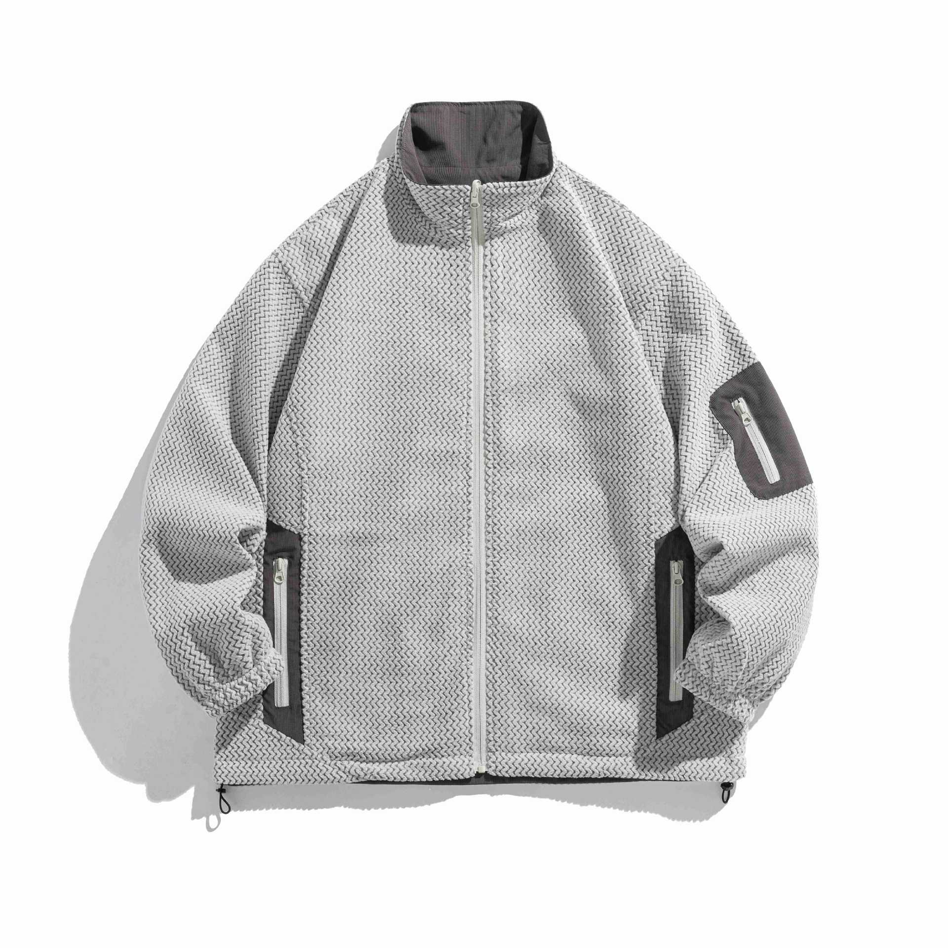 Unisex structure fleece jacket with high stand-up collar, zip pockets and drawstring hem Chichicherry