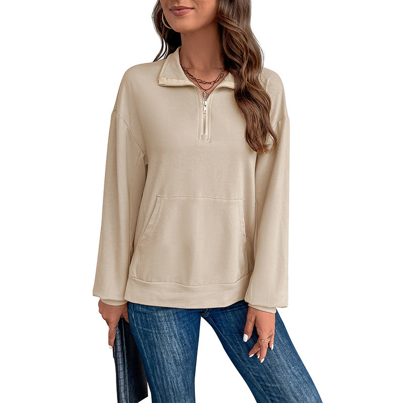Women's Lightweight Half-Zip Sweatshirt in Relaxed Fit with Kangaroo Pocket and Stand-Up Collar Chichicherry