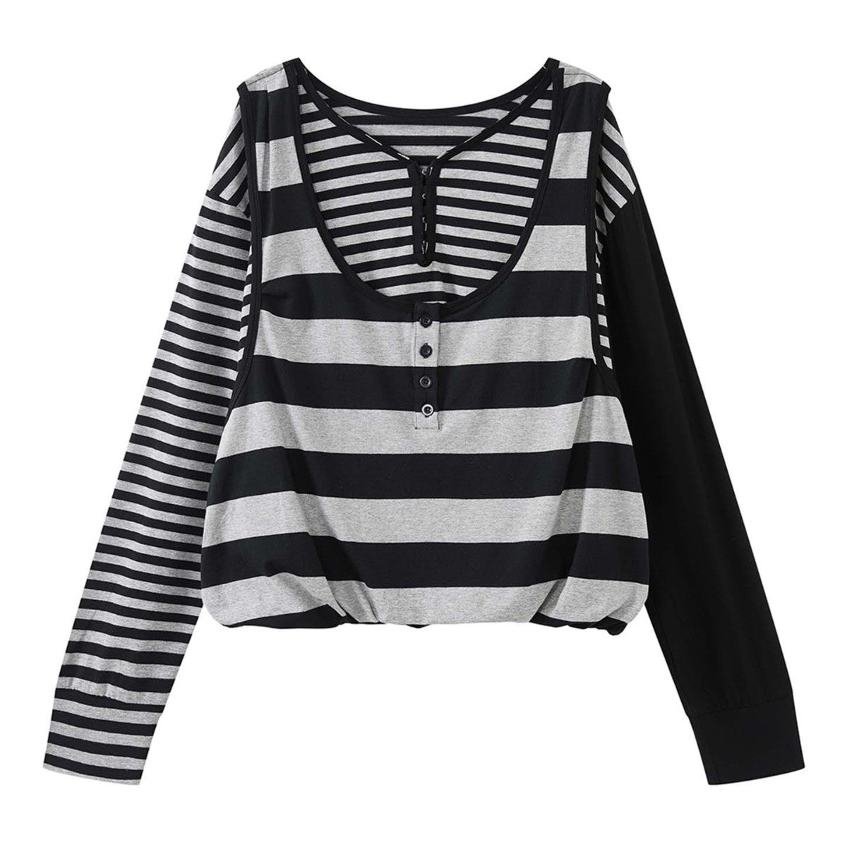 Women Oversized Stripe Henley Shirt with Button Placket and Drop Shoulder Chichicherry