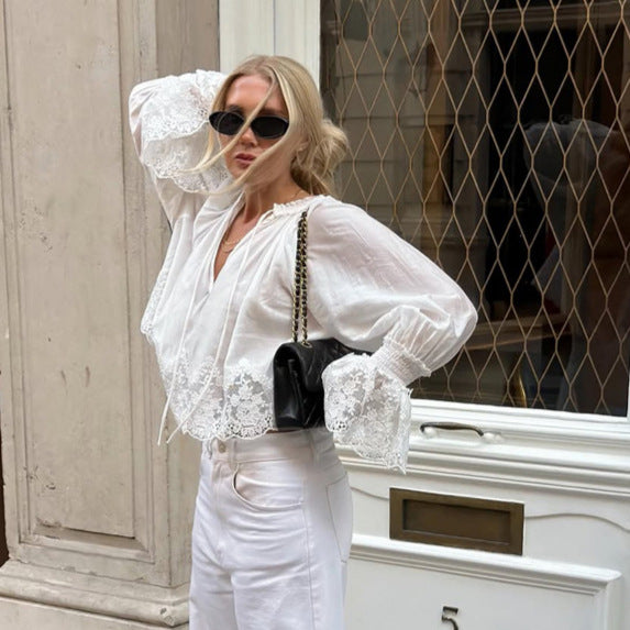Women's Transparent Lace Blouse Top with Bell Sleeves and Crochet Trim Chichicherry