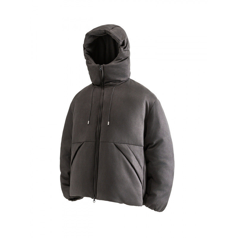 Unisex Padded Hooded Jacket in Boxy Cut with High Shawl Collar and Kangaroo Pockets Chichicherry