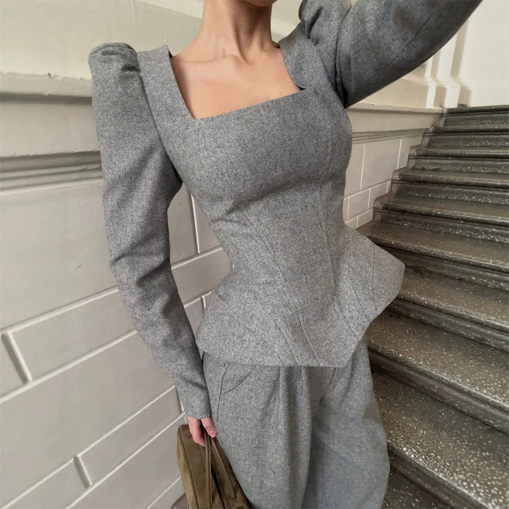 Women's Tailored Corset Blazer Top with Square Neckline, Peplum and Emphasized Shoulders Chichicherry