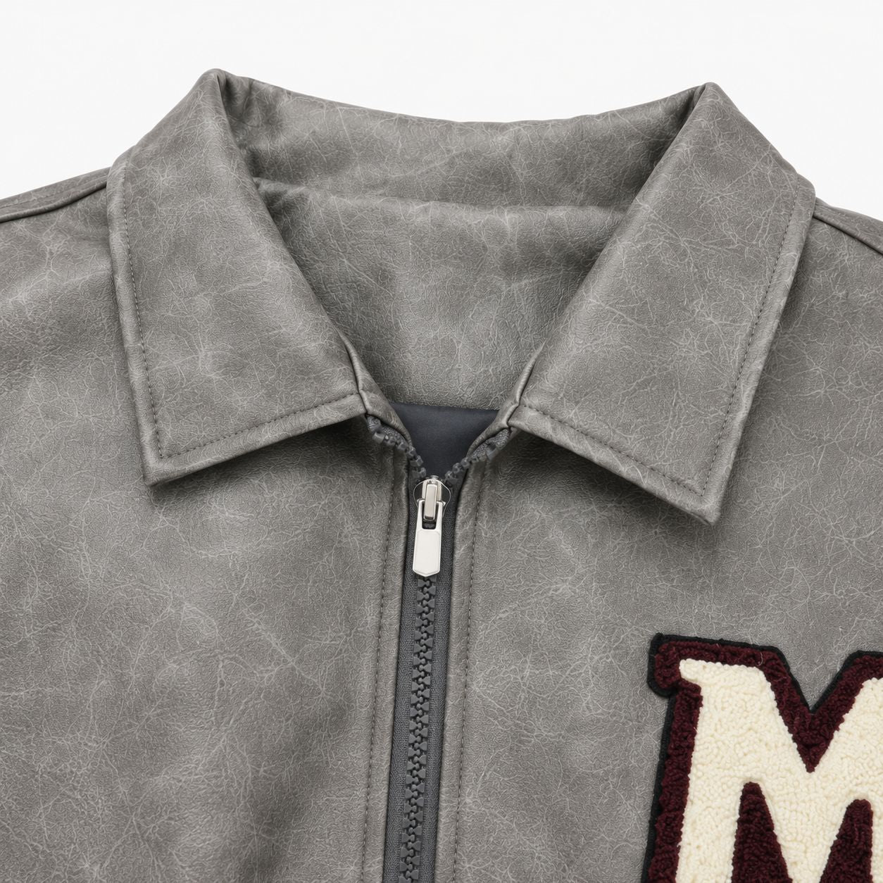 Men's Varsity Bomber Jacket in Vintage Leather Look with Chenille Emblem Chichicherry
