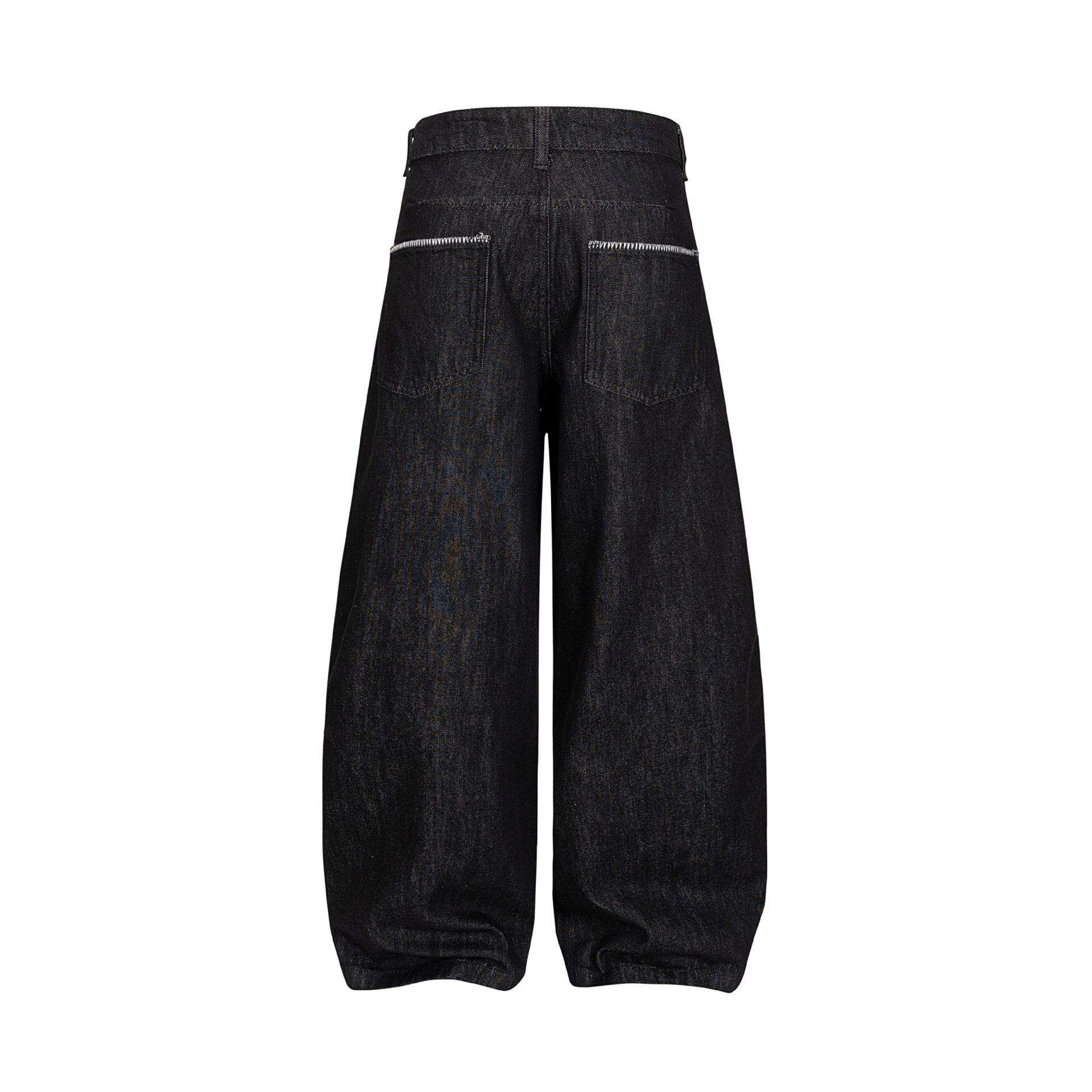 Women's wide denim culotte-style trousers with a high waist and elastic hem.