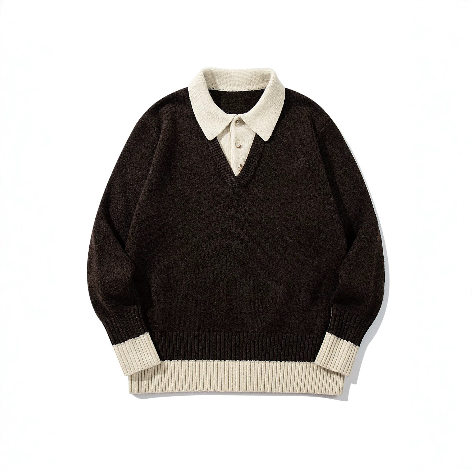 Men's Polo Collar Knitted Sweater with Button Placket and Contrasting Cuffs Chichicherry