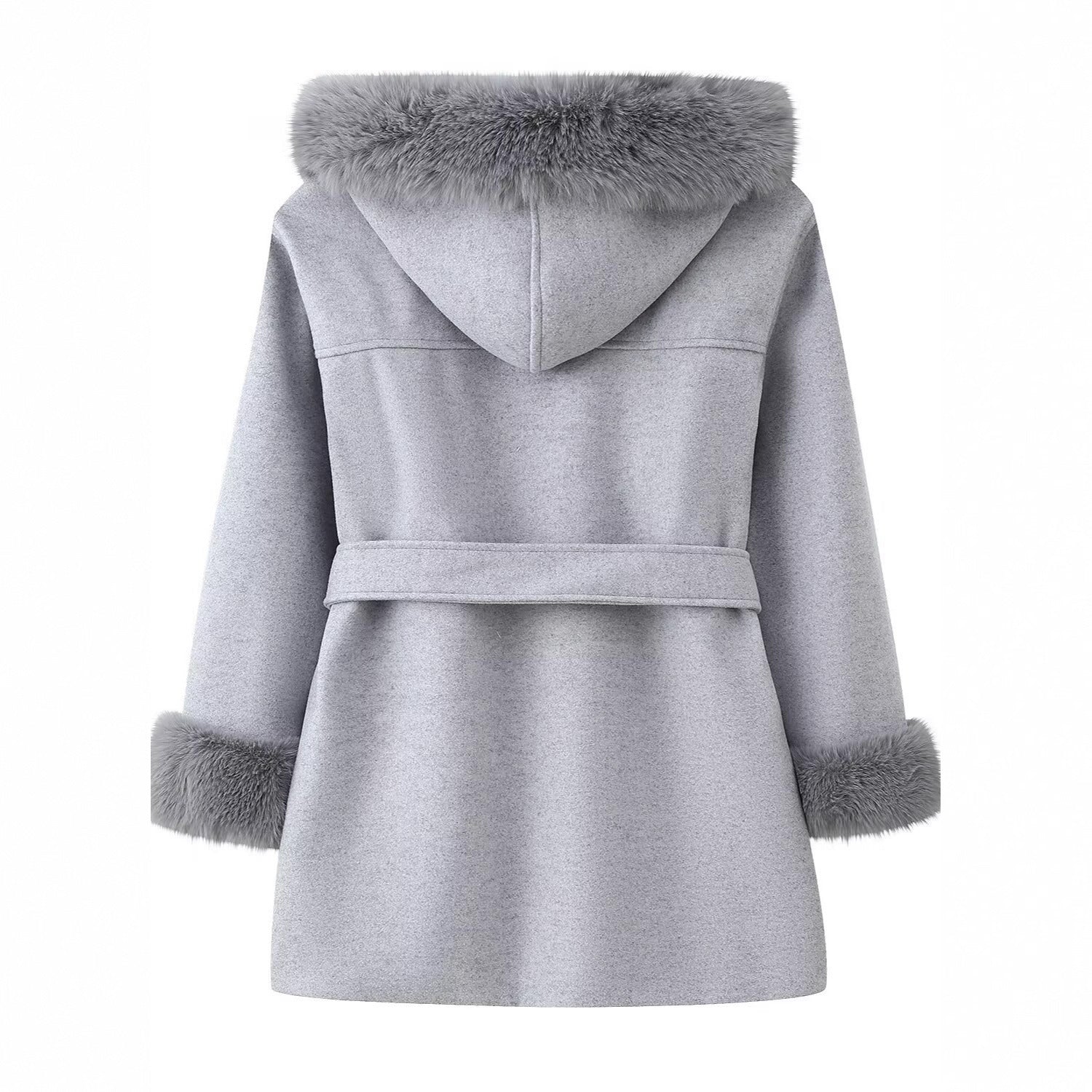 Women's Hooded Wool Blend Coat with Tie Belt and Faux Fur Trim Chichicherry