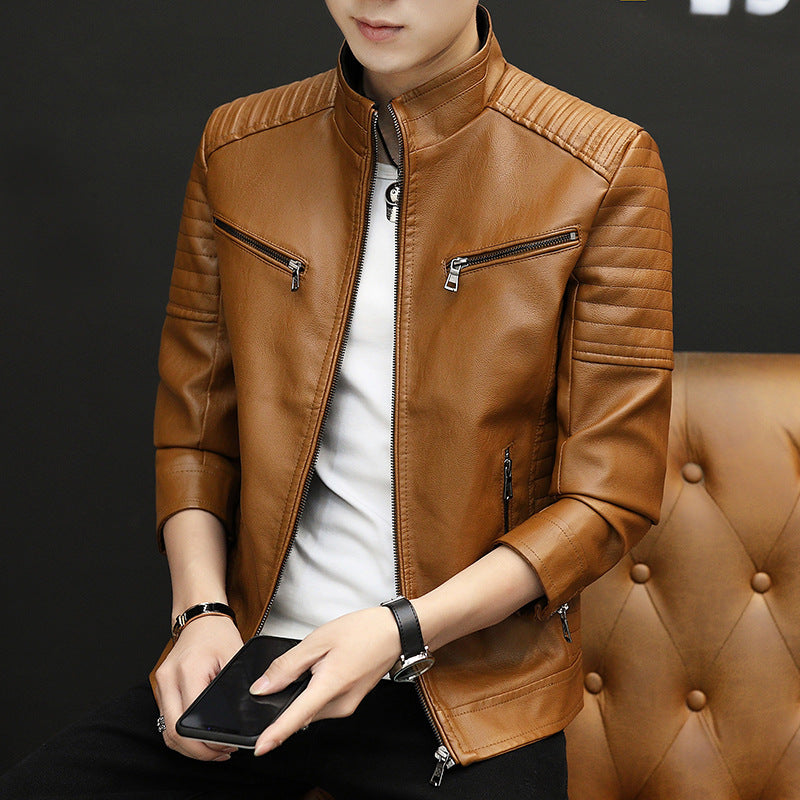 Men's Faux Leather Moto Jacket in Racer Look with Quilted Shoulder Yoke, Stand Collar and Zipper Details Chichicherry