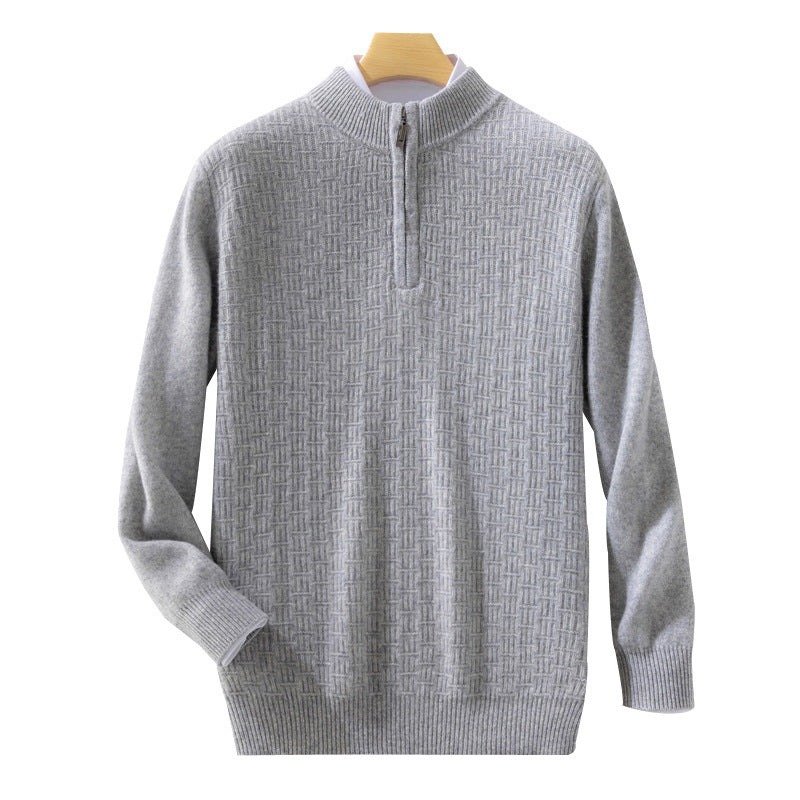 Men's Semi-high Fine Knit Sweater with Short Stand-Up Collar and Half Zipper Chichicherry