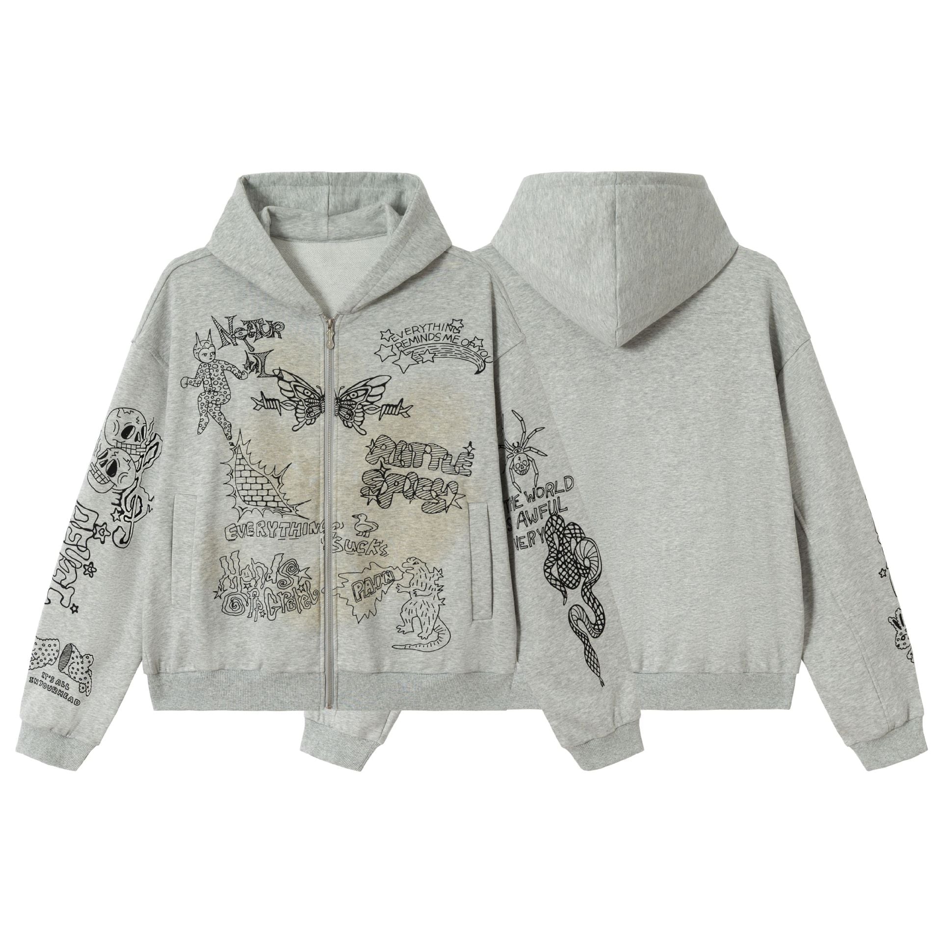 Women Oversized Hooded Jacket with Zipper, High Collar and Graphic Tattoo Prints Chichicherry