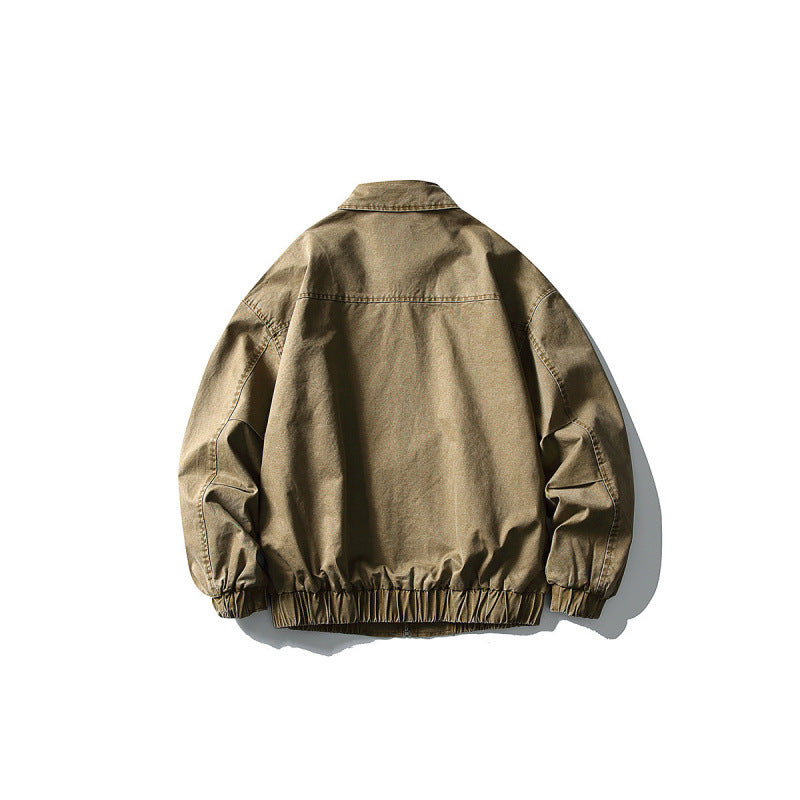Unisex Short Boxy Denim Blouson Jacket with Zipper, Shirt Collar and Elastic Hem Chichicherry