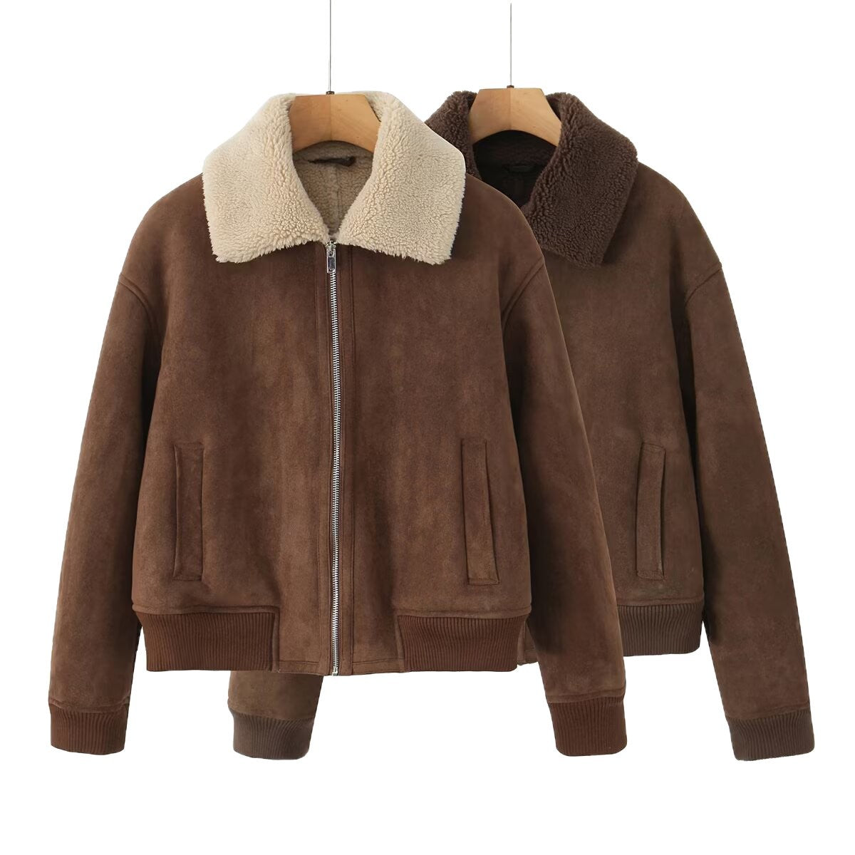 Women's Short Cut Teddy-Lined Suede Look Flight Jacket with Zipper Chichicherry