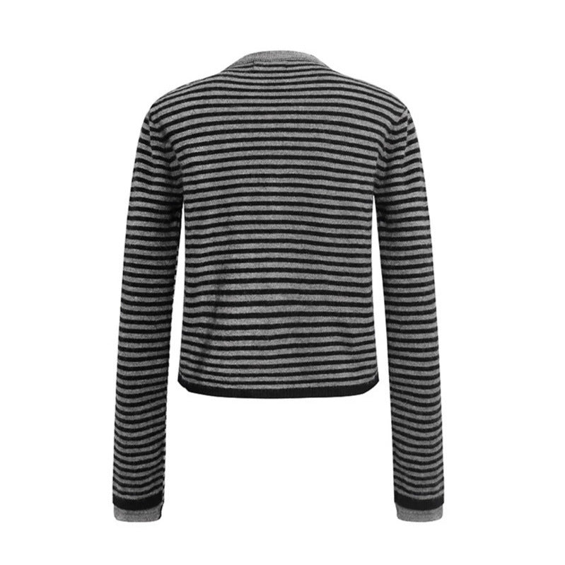 Women's Short Layered Cardigan with Round Neck and Fine Stripes Chichicherry