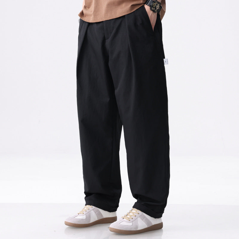 Men's Wide Cotton Blend Cargo Pants with Pleats and Elastic Drawstring Chichicherry
