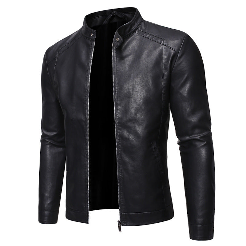 Men's Slim Fit Leather Look Blouson in Racer Minimal Style with Snap Button Stand Collar Chichicherry