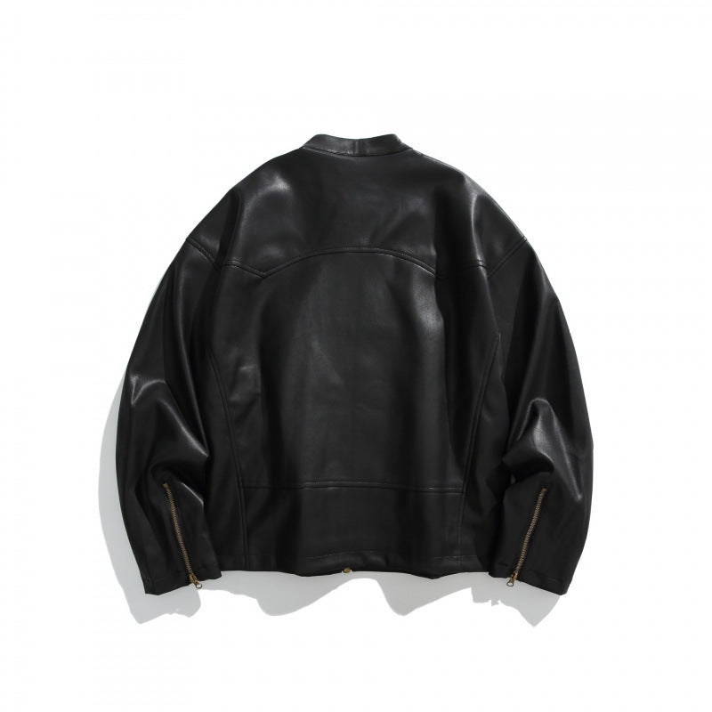Men's short jacket made of vegan leather with a stand-up collar, three zip pockets, and two-way zipper Chichicherry