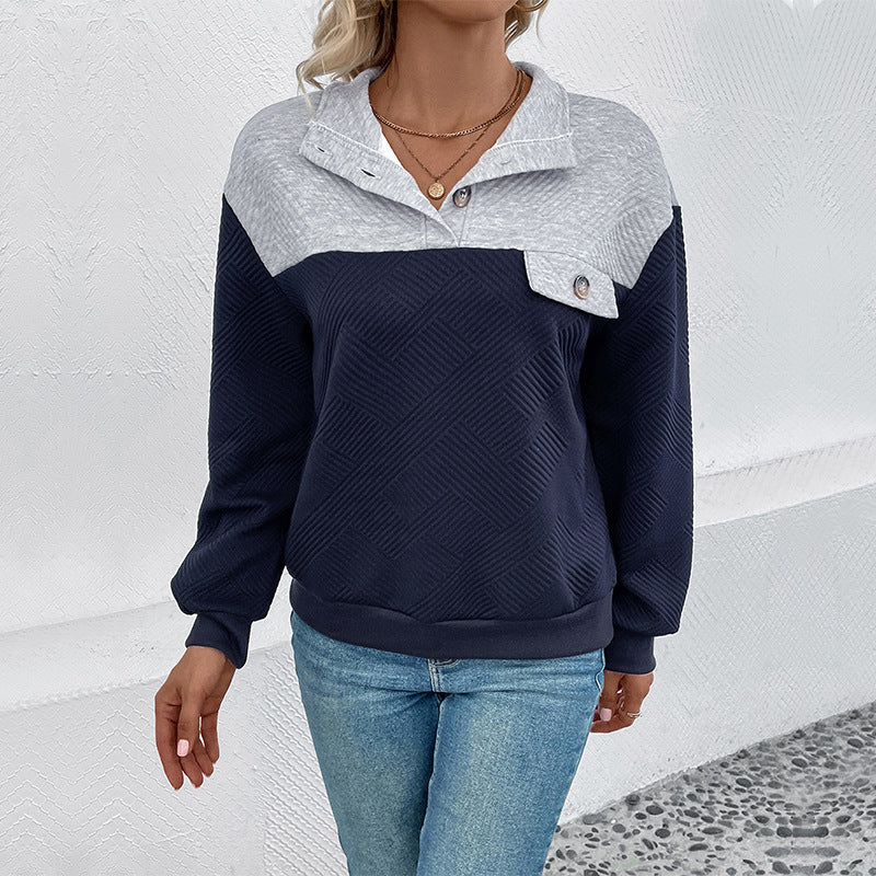 Women's Textured Colorblock Sweatshirt Pullover with Shirt Collar, Button Detail and Textured Knit Chichicherry