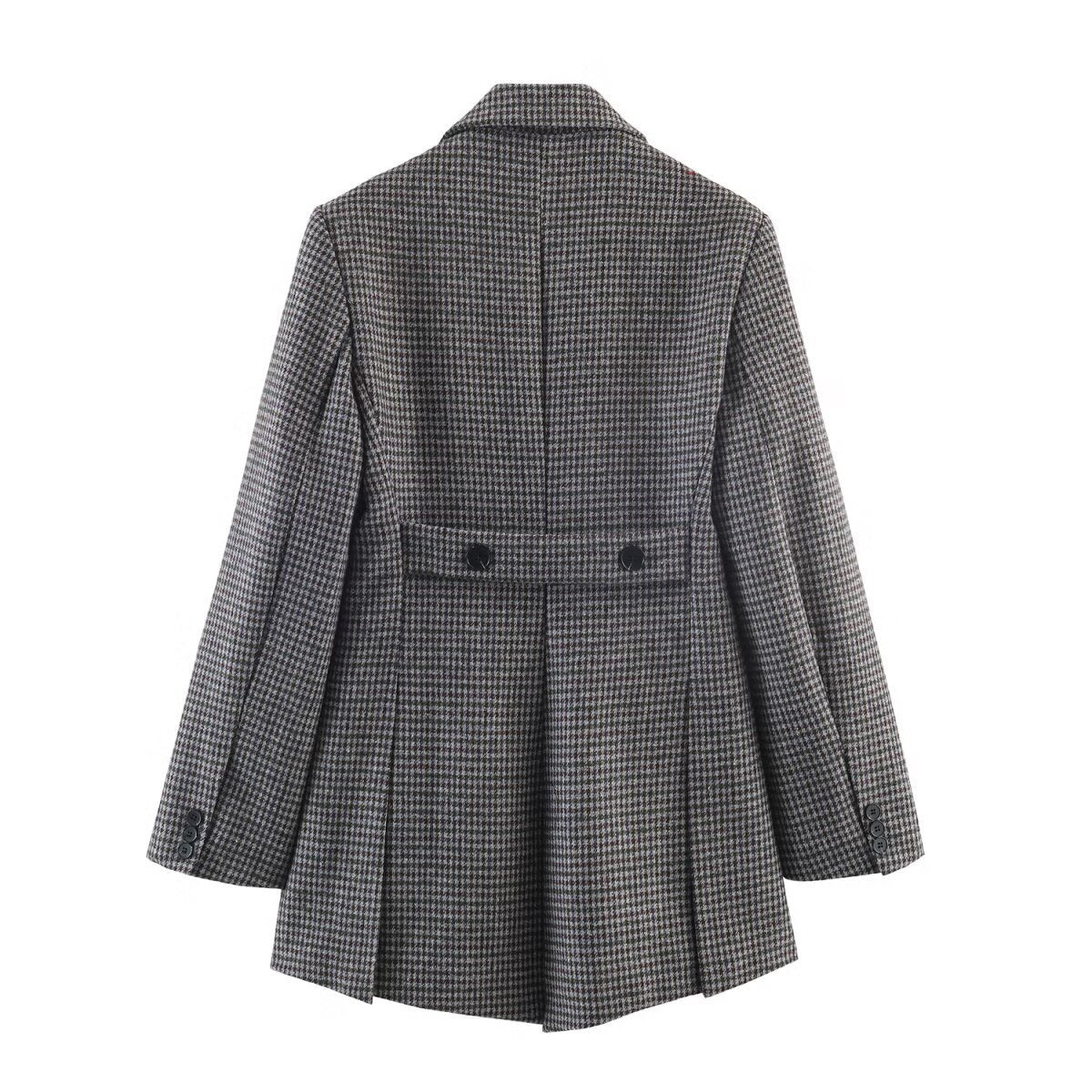 Women Double-breasted Houndstooth Blazer with Cutaway Hem and Vent Chichicherry