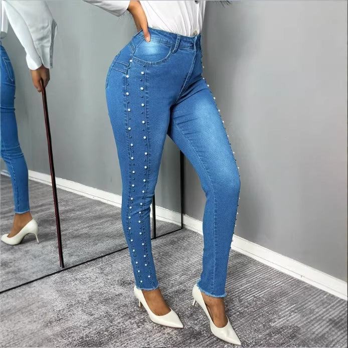 Women's shaping high-waisted skinny jeans with side pearl embellishment Chichicherry