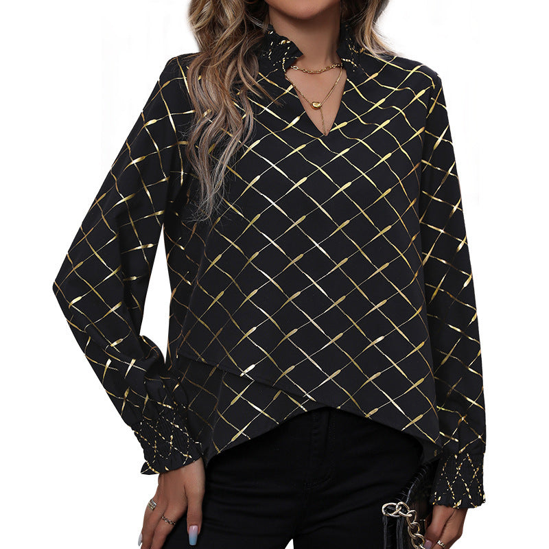 Women's Elegant Blouse with V-Neck, Shimmering Grid Print and Gathered Cuffs Chichicherry