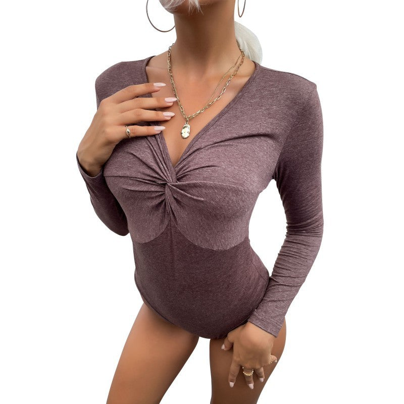 Women Tailored Long Sleeve Bodysuit with Twist Detail and Shaped Bust Seam Chichicherry