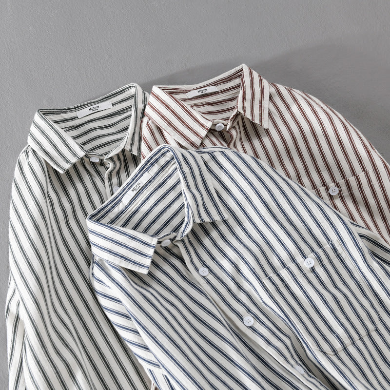 Men's Lightweight Striped Layering Overshirt made of Linen-Cotton Mix with Chest Pocket and Rounded Hem Chichicherry