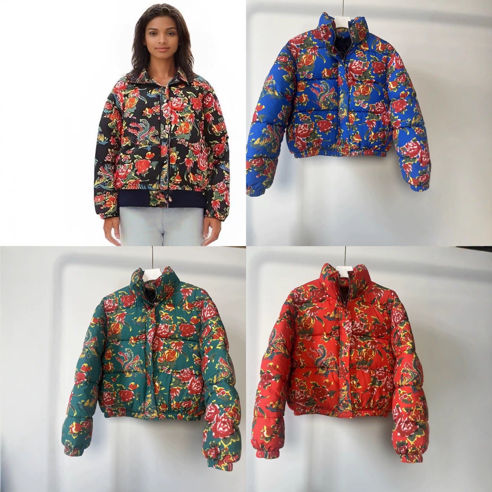 Women's Quilted Padded Short Jacket with Floral Allover Print and Stand-Up Collar Chichicherry
