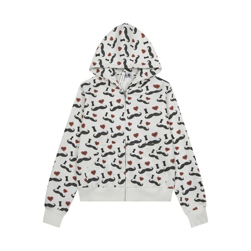 Women's Short Hooded Sweat Jacket with Graphic Print, Ribbed Cuffs, and Kangaroo Pockets Chichicherry