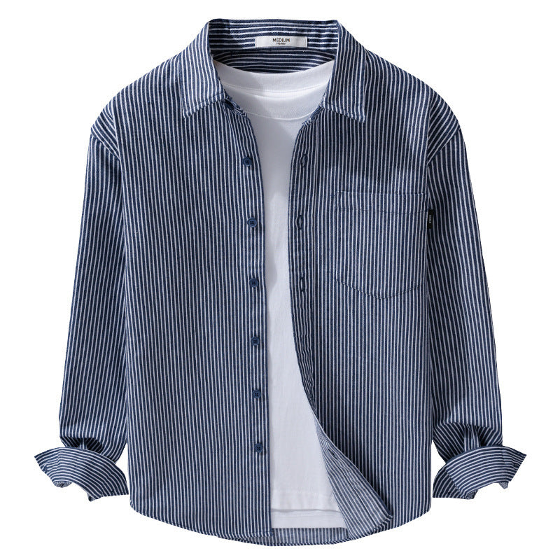 Men's lightweight pinstripe shirt in layering overshirt style with a Kent collar and patched chest pocket Chichicherry