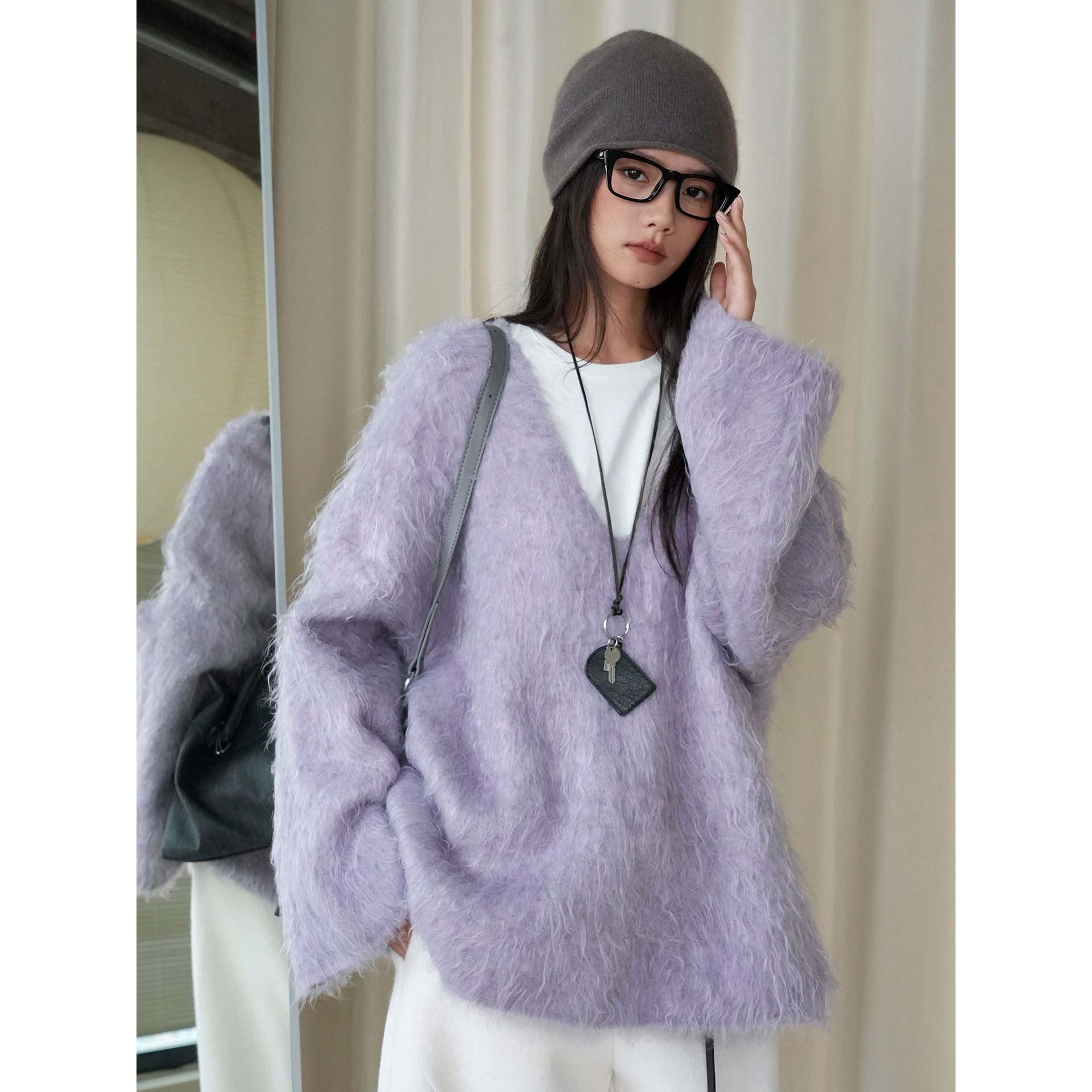 Women Cozy V-Neck Flokati Cardigan with Oversize Silhouette Chichicherry