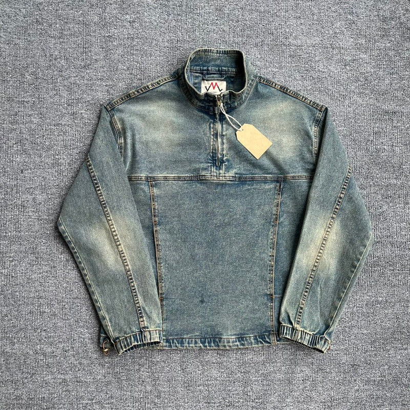 Herren Denim-Pulloverjacke im Vintage-Look mit Halbzip und Stehkragen Chichicherry