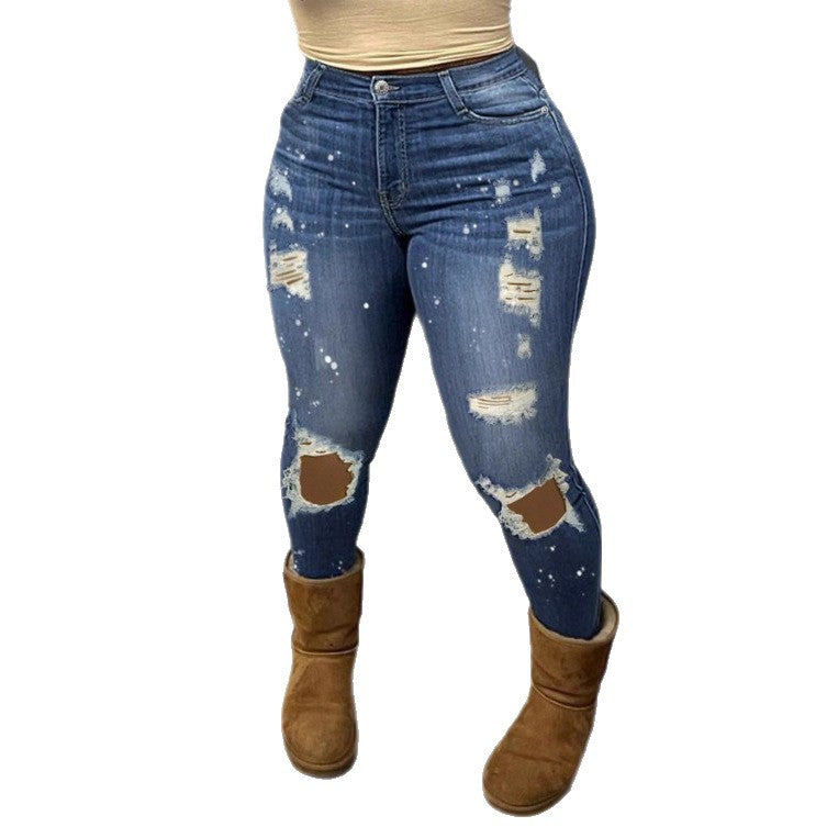 Women's high-waisted skinny super stretch jeans with used knee rips and paint splatter Chichicherry
