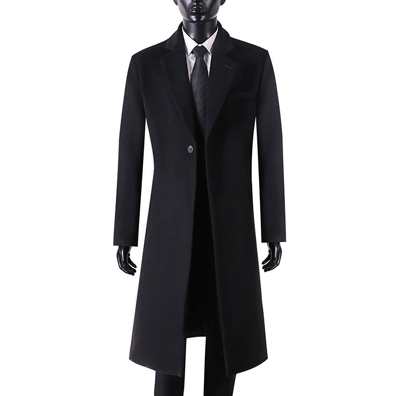 Men's Elegant Long Coat made of Wool Blend with Slim Silhouette and One-Button Closure Chichicherry