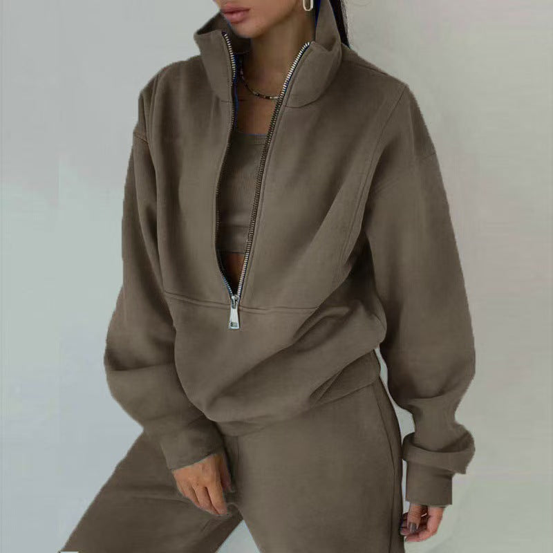 Damen Oversized Halbzip-Sweatshirt mit Stehkragen und passender High-Waist-Jogginghose Chichicherry