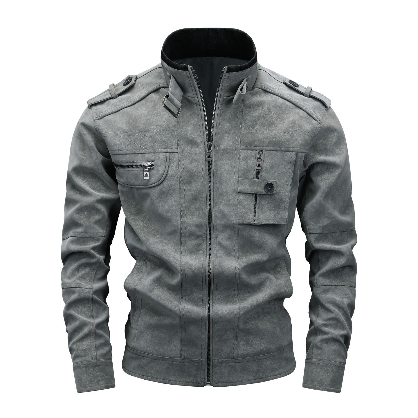 Men's Utility Flight Jacket in Suede Look with Stand Collar, Epaulettes and Multiple Pockets Chichicherry