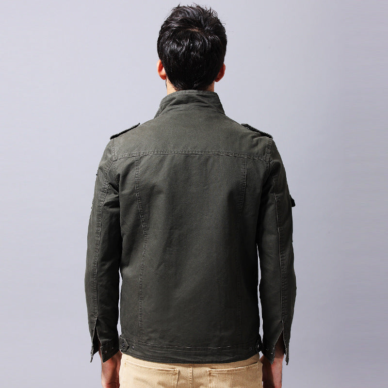 Men's Canvas Field Jacket in Military Utility Style with Epaulettes, Chest Flap Pockets, and Stand Collar Chichicherry