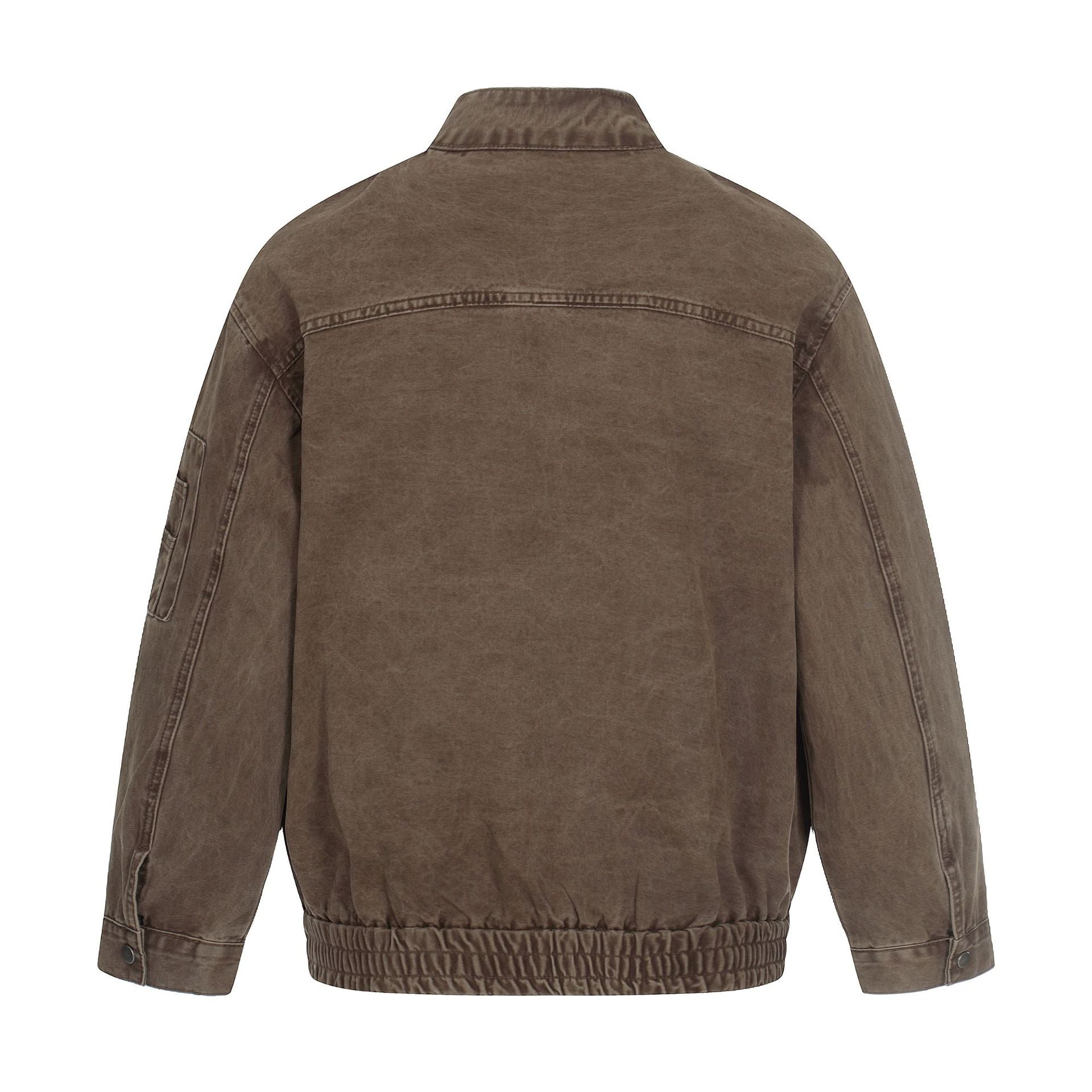 Men's short cut vintage-wash bomber jacket in boxy cut with stand-up collar and sleeve zip.