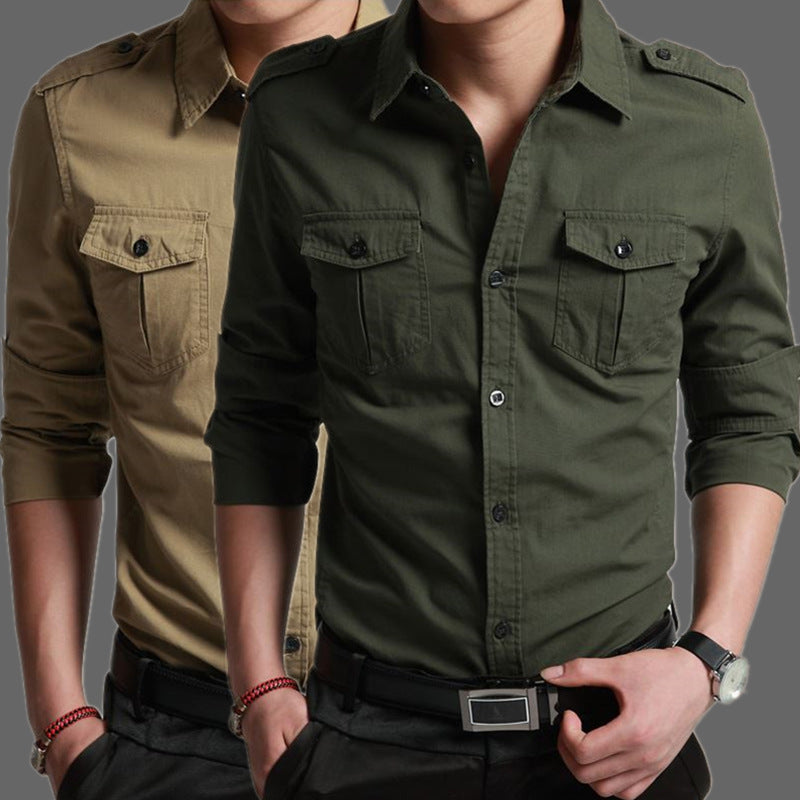 Men's Slim-Fit Cotton-Blend Utility Shirt with Shoulder Flaps and Chest Patch Pockets Chichicherry