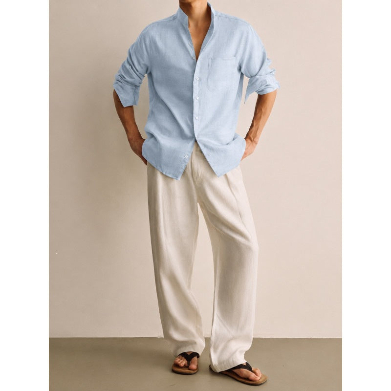 Men's Lightweight Linen Shirt with Stand-Up Collar and Chest Pocket Chichicherry