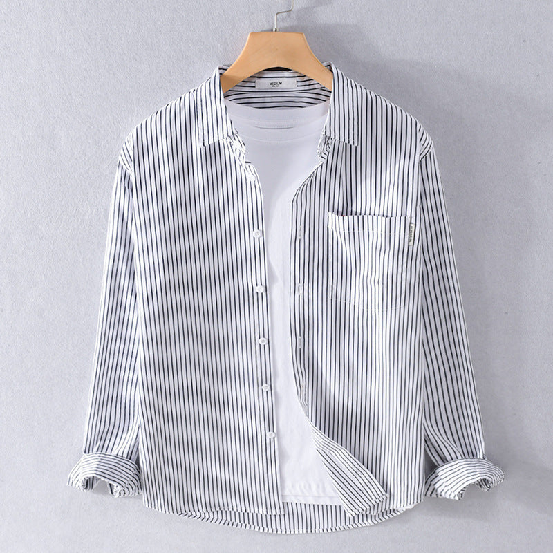 Men's Lightweight Long Sleeve Shirt Made of Cotton Blend with Fine Vertical Stripes and Chest Pocket Chichicherry
